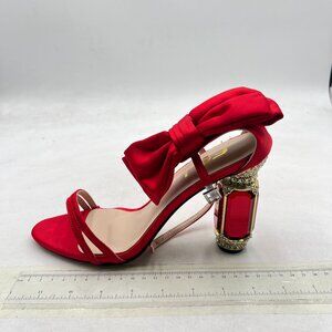 FSJ Red Bow Open Toe Stylish Sandal Ankle Strap Crystal Heels Wedding Shoes